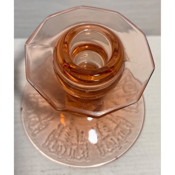 Pink Depression Candle Holder 4" Tall Etched Design Glass Vintage - Picture 4 of 10